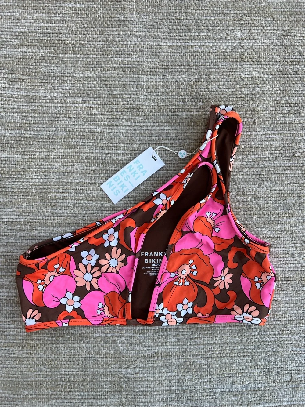 Frankies Bikinis one-shoulder Cutout Retro Daisy Brown Orange Pink bikini top M
